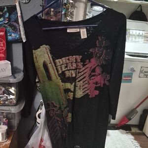 DKNY Black and Pink Graphic Long Sleeve Top